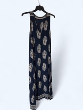 Navy Blue Block Leaf Print A-Line Maxi Dress Boho Resort Summer Style Size S -M