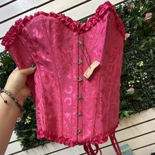 Pink Overbust Jacquard Corset M Boned Ruffle Accents Lace Up Floral Strapless