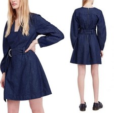 Free People Dress Womens Medium Blue Belted Long Sleeve Denim Mini Zip Back