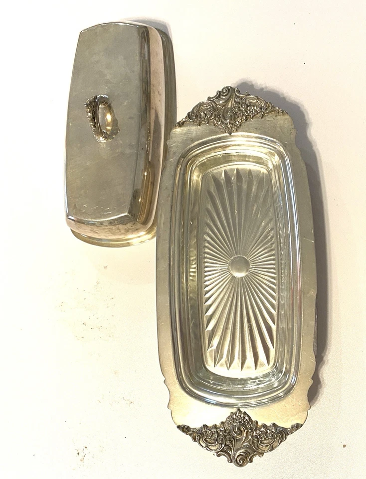 Plato de mantequilla vintage de plata Wallace barroco 206 años 40 con tapa de inserción de vidrio Foto 4 de 4