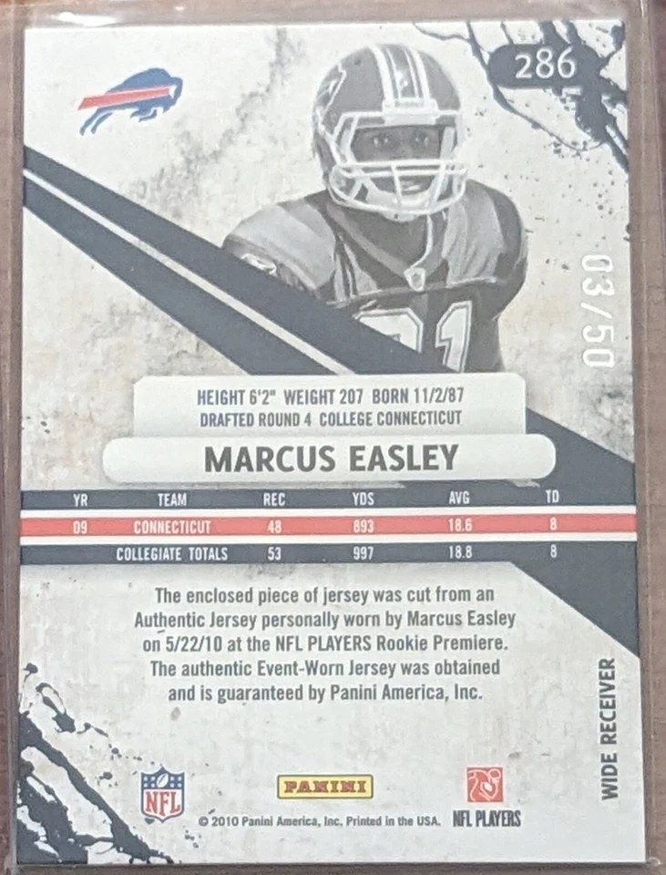 MARCUS EASLEY 2010 Panini Rookies & Stars Rookie Jumbo Relic RC /50 #286 Patch - Image 2 of 3