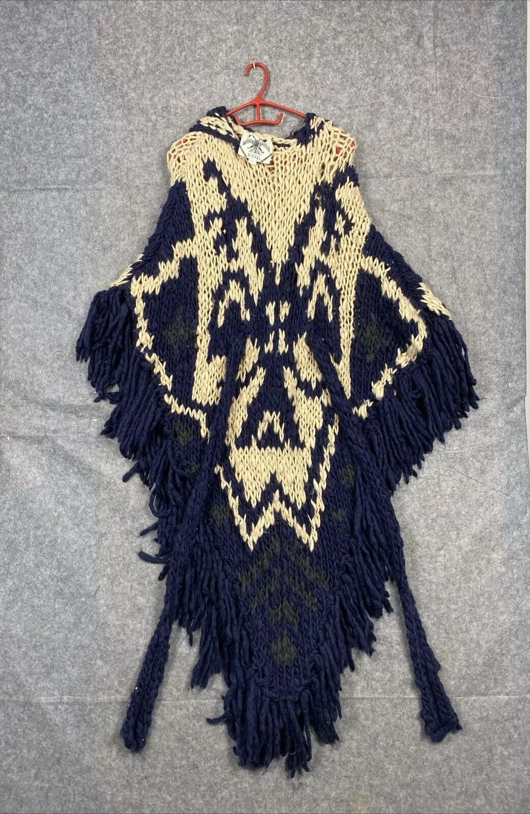 Diesel Poncho Hooded Full Length Merino Wool Acrylic Mix Blue Grey Beige Unique