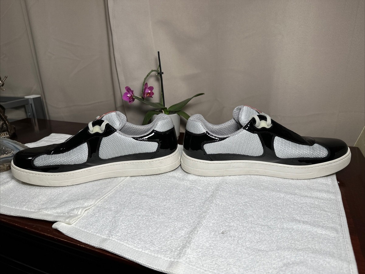 Prada Mens Patent Leather & Mesh Sneakers 4E3166 Black Grey
