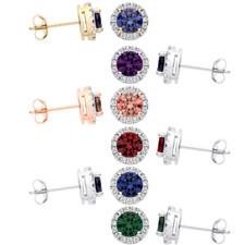 925 Sterling Silver & 9ct Gold Simulated Diamond & Gemstone Halo  Stud Earrings