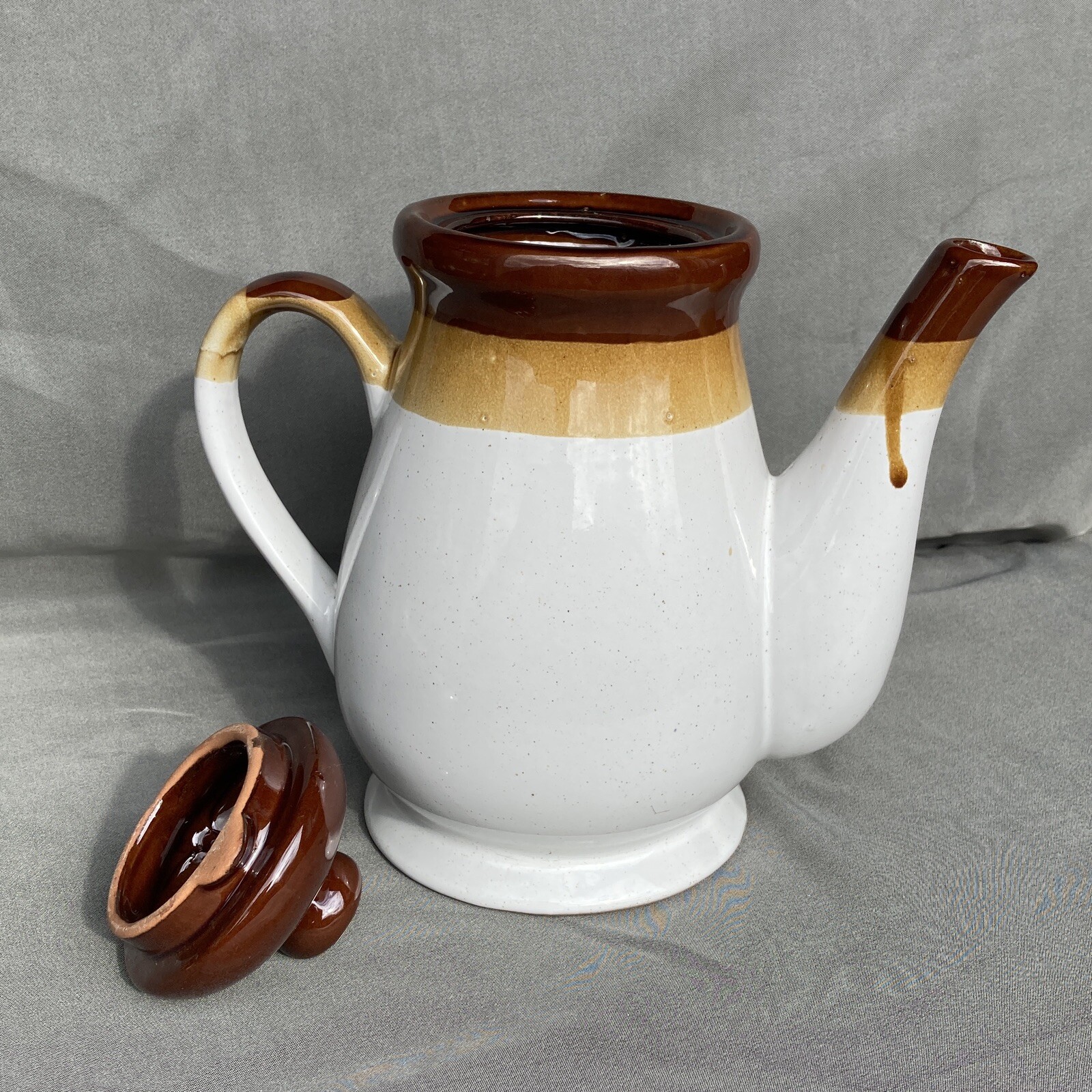Vintage Tan and Brown Stoneware Teapot Large eBay
