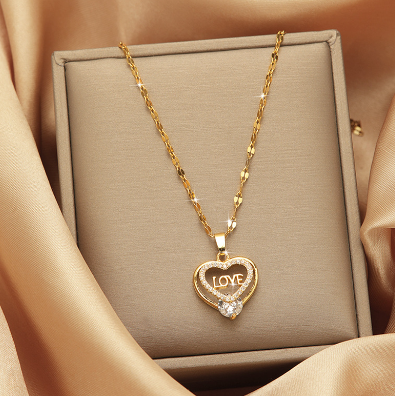 Titanium Gold Love Heart Pave Zirconia Pendant Chain Necklace