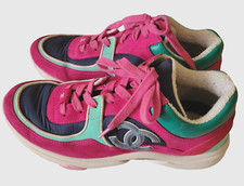 AUTH CHANEL RUNNER TRAINER SNEAKERS SUEDE PINK GREEN CC LOGO LACE UP 39.5/9