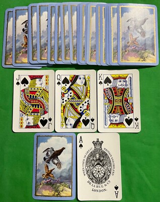 Altes Vintage benanntes * SCHWARZES SPIEL * Bezique Paket Spielkarten VÖGEL Kunst Bild