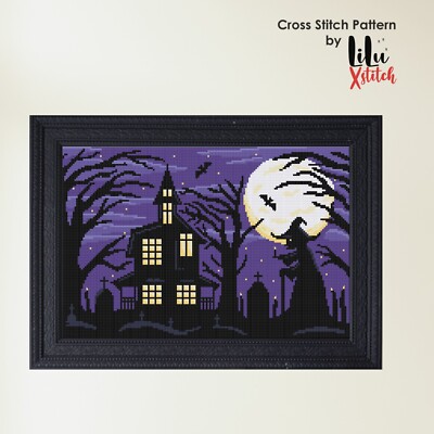 Kreuzstich Muster Halloween Landschaft Spukhaus Karte von LiluXstitch