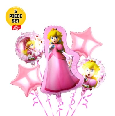 Princess Peach Foil Balloon 5pc Set Super Mario Birthday Party Decoration
