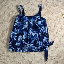 Rose Marie Reid Tankini Top Women Size 10 Navy Blue White Leaf Motif Padded Tie