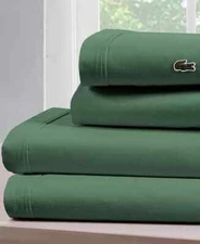 Lacoste Home Solid Cotton Percale Sheet Set, Queen,Ivy Green.
