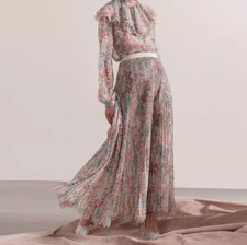 Women Palace's Retro Floral Pleated Long Dress Ruffled Long Sleeves High Waisted