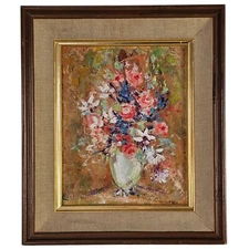MCM Floral Painting Pink Flowers Still Life Oil on Board C. 1960 Signed Connell