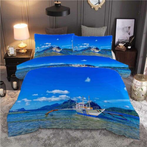Huge Cruise Ships In The Lake 3D Quilt Duvet Doona Cover Set Pillow case Print - Bild 1 von 4