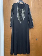 Women's Black Plants Embroidery Kaftan Abaya Dress Size Large