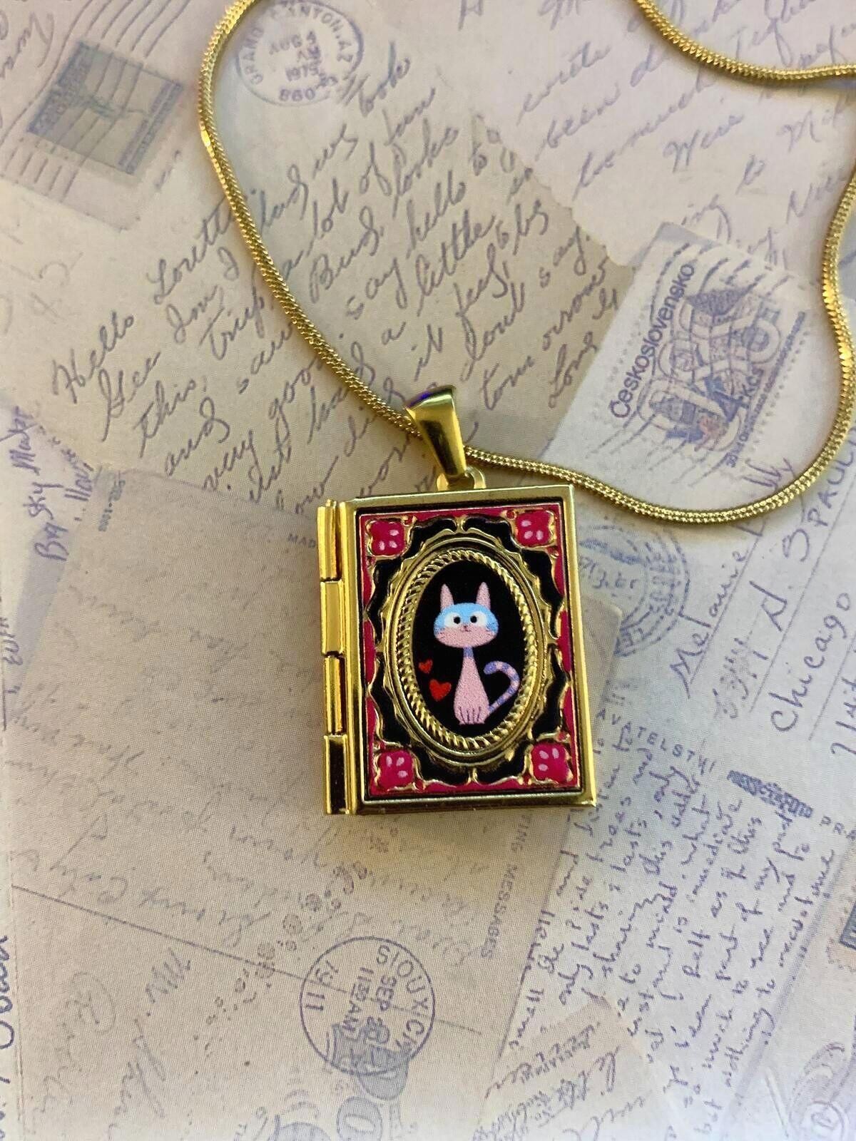 Feline Portrait Miniature Locket Pendant Necklace Chain