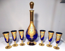 Vintage Bohemian Hand Painted Heavy Gold Cobalt Blue Glass Decanter & 6 Cordials