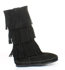 Minnetonka 3 Layer Fringe Black Moccasin Suede Boots Size 6 Style 1639. NIB