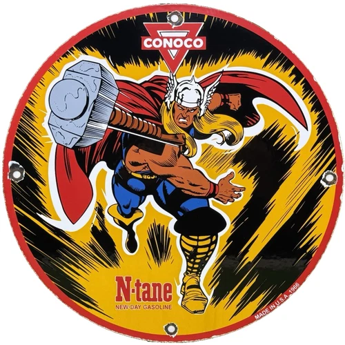 VINTAGE THOR N-TANE CONOCO GASOLINE 12" PORCELAIN MARVEL COMIC OIL SIGN