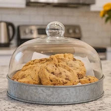 Farmhouse Cloche Glass Dome w Galvanized Base Serving Tray Cheese Cookies Cake