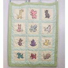 Vintage Hand Embroidered Applique Baby Quilt Blanket Wall Hanging Kitty Cat Lamb