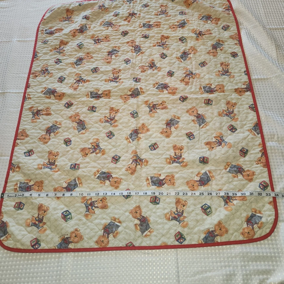 Vintage Baby Boys Thin Quilt Blanket Featuring Teddy Bear And Toys - Image 3 of 4