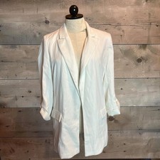 Tahari Womens White Open Front Roll Tab Sleeve Notched Lapel Blazer Jacket S/M 