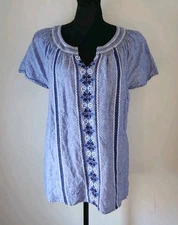Talbots Women's Short Sleeve 100% Linen Blouse Blue Floral Embroidered Size XL 