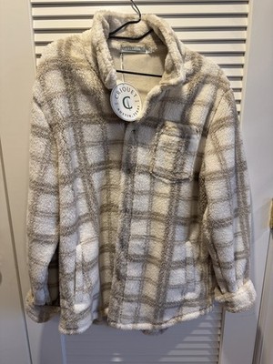 Criquet Austin Texas Men's Sherpa Shacket Plaid Shirt Jacket Yeats Cream L NWT