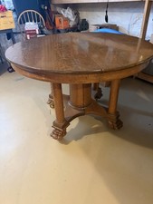 Antique Round Oak Dining Set with Carved Chai...