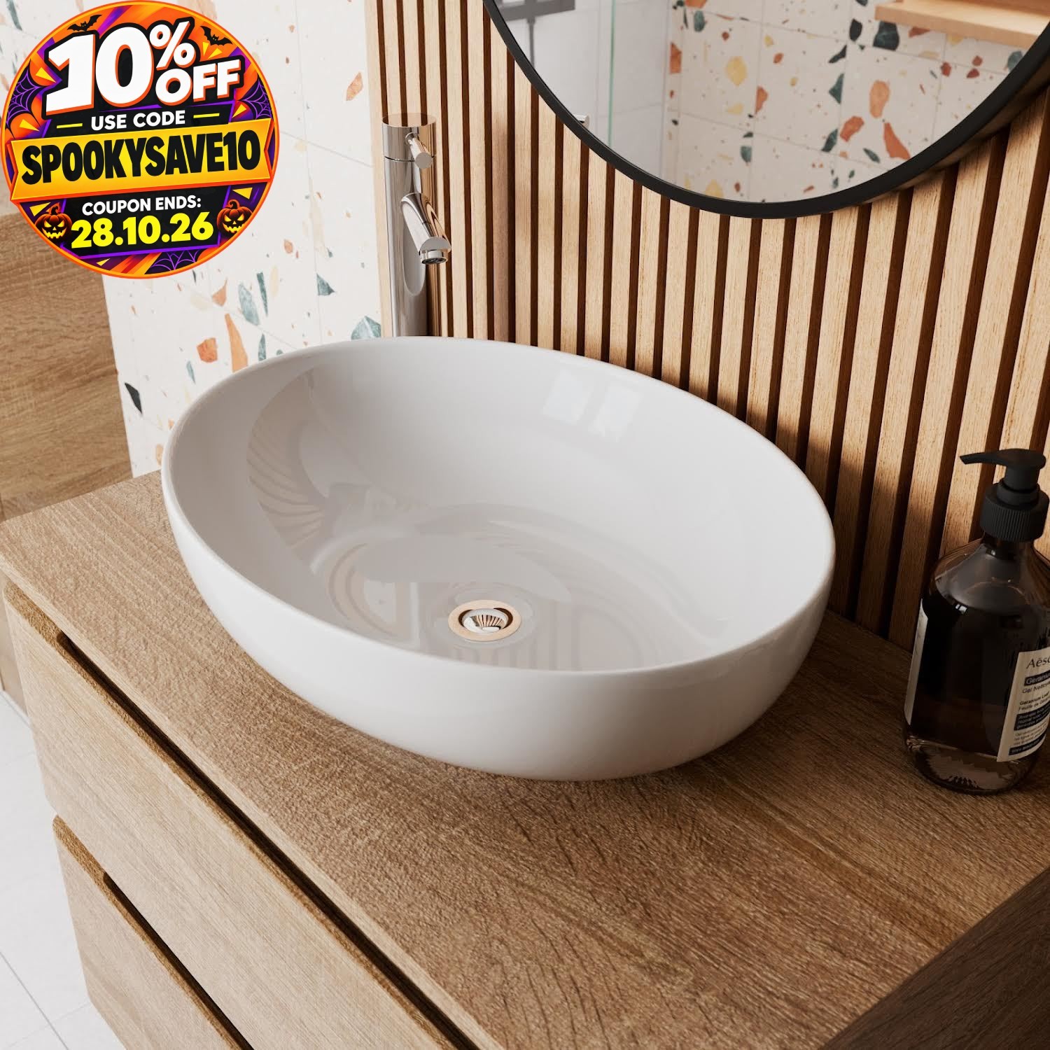 Valway White Oval Countertop Basin Gloss - 505 X 398Mm - Image 2