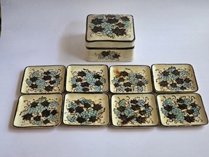 Vintage Box With 8 Coasters, Hand Painted Blue Grapes , PaperMache, By Jerry Wil