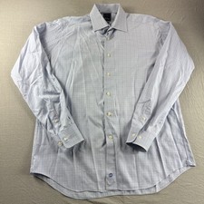 David Donahue Dress Shirt Mens 17 Blue Plaid Button Up Long Sleeve Trim Fit