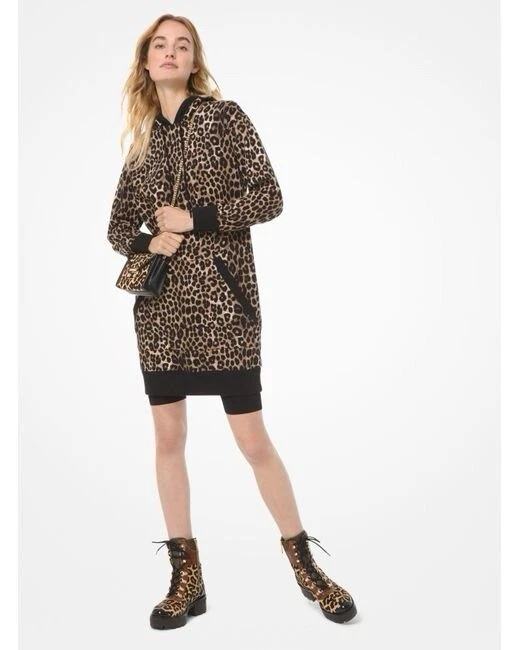 Abito Michael Kors nuovo con etichette stampa leopardata manica lunga cotone spugna felpa con cappuccio XS