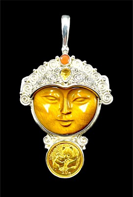 SAJEN STERLING TIGER EYE CARVED GODDESS 2005 20 YN 24K GOLD PANDA COIN PENDANT