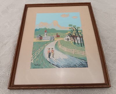 Vtg 1958 NICHOLAS TAKIS Framed Screen Print on Heavy Paper 6x8'' Glass Farm Scene