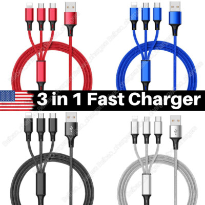 10x 3A 3 in 1 USB Fast Charger Cable Type-C Micro USB Cord Lot For iPhone XR 12