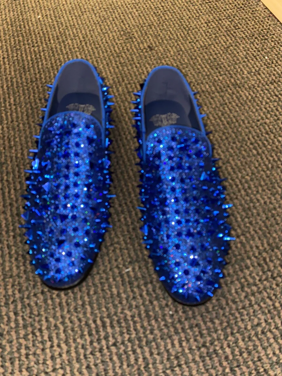 Royal Shoes Royal Blue Spikes Red Bottoms Smoking Slip-on Prom Dress Shoes  8-13