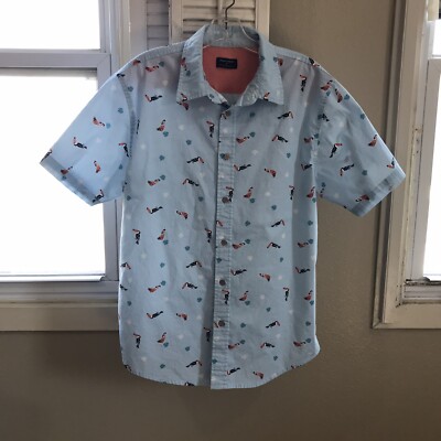 Ocean Current Men s Blue Hula Dancer & Macaw Bird Button Down Shirt Size Med NEW