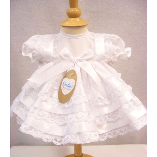 Baby Girls Traditional Romany All White Frilly Lace Satin Ribbon Dress