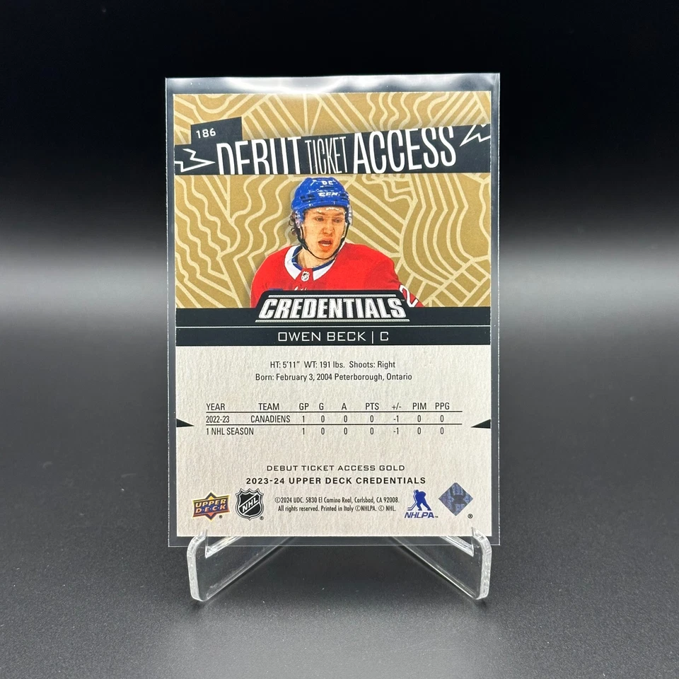 2023-24 UD Credentials OWEN BECK #186 Debut Ticket Access Gold 5/5 RC - Image 3 of 4