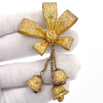Vintage Miriam Haskell Gold Tone Ribbon Brooch With 3 Bells