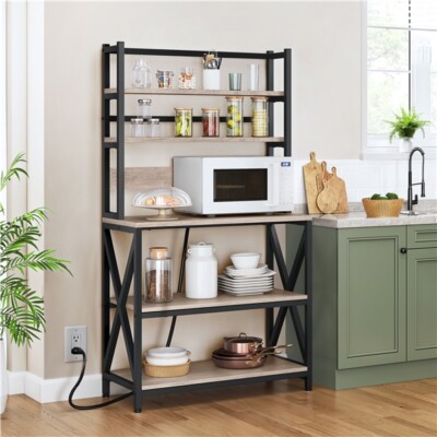 Kitchen Baker s Rack with Power Outlet Microwave Stand With Shelves Coffee Bar