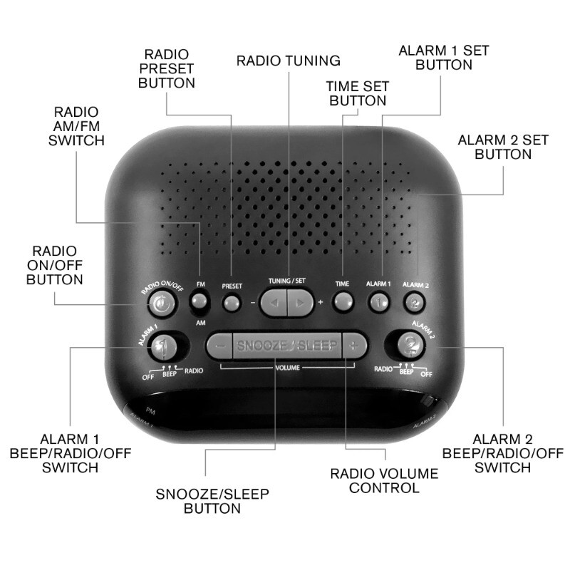 NELSONIC Digital AM/FM Alarm Clock Radio, Black with Red LED Display