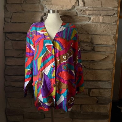Carole Little Vintage 100% Silk Abstract Geometric Print Tunic Blouse Womens 14