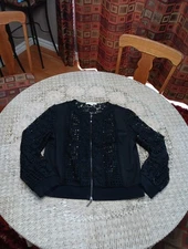 Boston Proper Women's Black Crochetted &  Knit Zip Up Jacket Size Medium