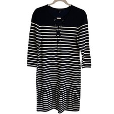 Talbots Nautical Striped Midi Dress Sz S Navy White Lace Up Coastal Preppy