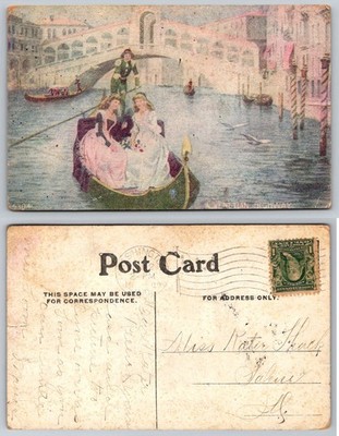 Vintage 1909 Venice Italy Postcard - Gondola, Rialto Bridge, ''Venetian Highway''