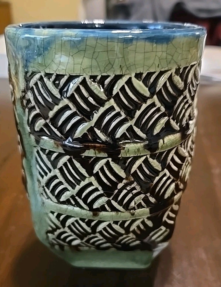 Glazed Textured Pottery Vase Vintage RARE Signed EF 8” Green & Brown